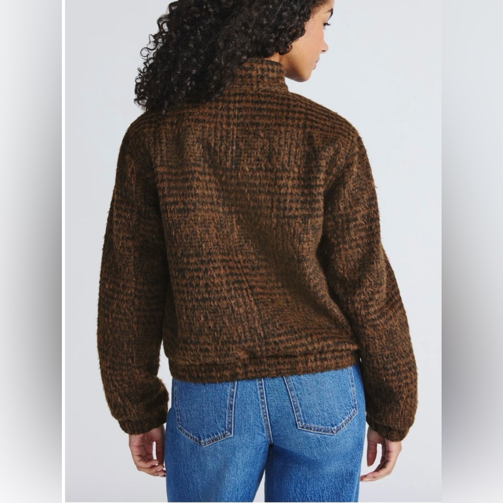 Time and Tru Faux Wool Bomber Jacket M Medium NWT Brown Houndstooth Plaid Zip Up - Picture 2 of 6